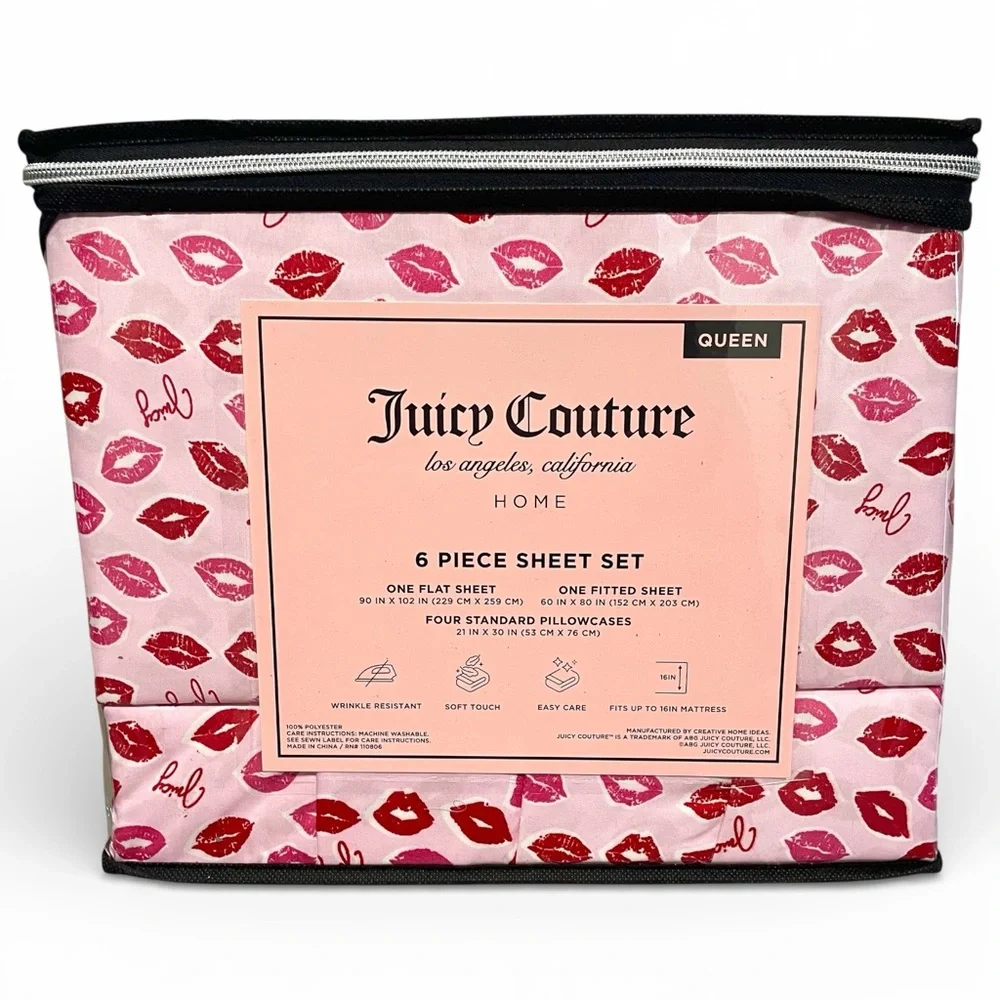 Juicy Couture 6-pc Queen Sheet Set JC Pink Lots of Kisses 2 Extra P/C's NEW NIP
